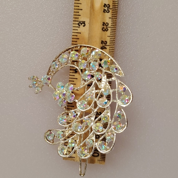 â˘Silvertone Aurora Borealis rhinestones⢠peacock hair barretteâ˘Sparkly! - Picture 3 of 13